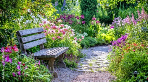 A tranquil garden scene featuring vibrant flowers and a rustic wooden bench, inviting relaxation amidst nature's beauty.