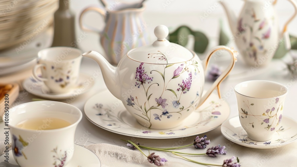 Elegant Floral Tea Set with Teapots and Cups in Soft Pastels,National Tea Day Elegant Floral Tea Set with Teapots and Cups in Soft Pastels,National Tea Day
