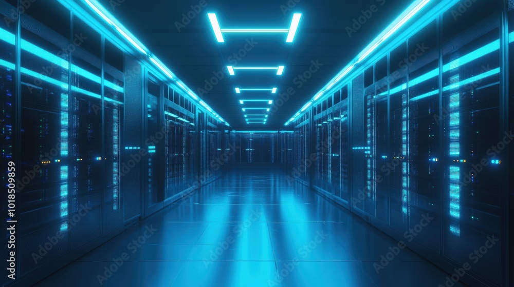 A sleek, modern data center filled with rows of glowing servers, surrounded by blue ambient lighting A sleek, modern data center filled with rows of glowing servers, surrounded by blue ambient lighting