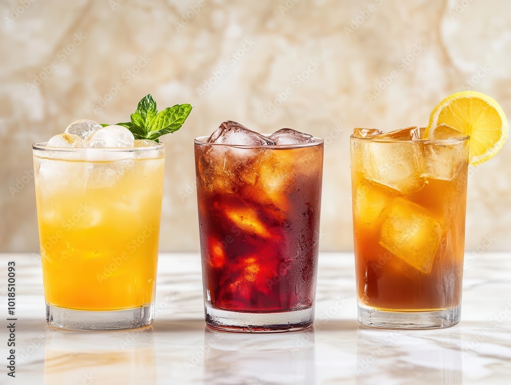 refreshing summer beverage trio. vibrant cocktail, classic lemonade, iced coffee on marble counter. backlit, condensation details, garnish accents. refreshing summer beverage trio. vibrant cocktail, classic lemonade, iced coffee on marble counter. backlit, condensation details, garnish accents.
