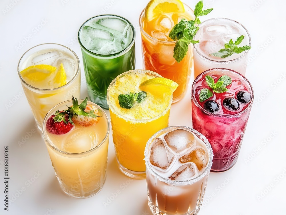 refreshing summer drink tableau. colorful cocktails, zesty lemonade, and iced coffee arranged on crisp white background. vibrant garnishes, condensation on glasses. refreshing summer drink tableau. colorful cocktails, zesty lemonade, and iced coffee arranged on crisp white background. vibrant garnishes, condensation on glasses.