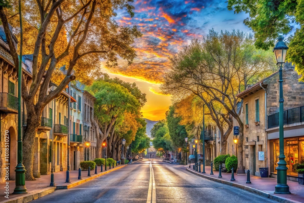 A serene afternoon scene unfolds with a subtle blend of blue and orange hues, calm traffic whispers through worn stone buildings on a tranquil street lined with trees. A serene afternoon scene unfolds with a subtle blend of blue and orange hues, calm traffic whispers through worn stone buildings on a tranquil street lined with trees.