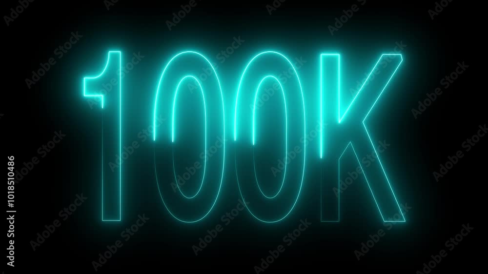 100K text animation by cyan neon on black background. 100K text animation by cyan neon on black background.