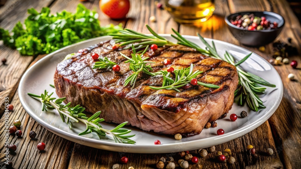 Juicy grilled steak adorns a pristine white plate, enhanced with fresh herbs and spices, setting a charming rustic scene for an unforgettable meal. Juicy grilled steak adorns a pristine white plate, enhanced with fresh herbs and spices, setting a charming rustic scene for an unforgettable meal.