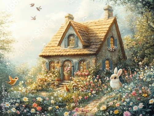 Wallpaper Mural Cozy cottage nestled in a lush garden surrounded by vibrant flowers woodland animals and a soft pastel toned atmosphere creating a whimsical and enchanting scene Torontodigital.ca