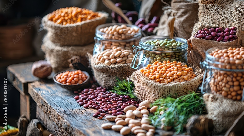 A vibrant display of various beans and legumes in glass jars and burlap sacks on a rustic wooden table.