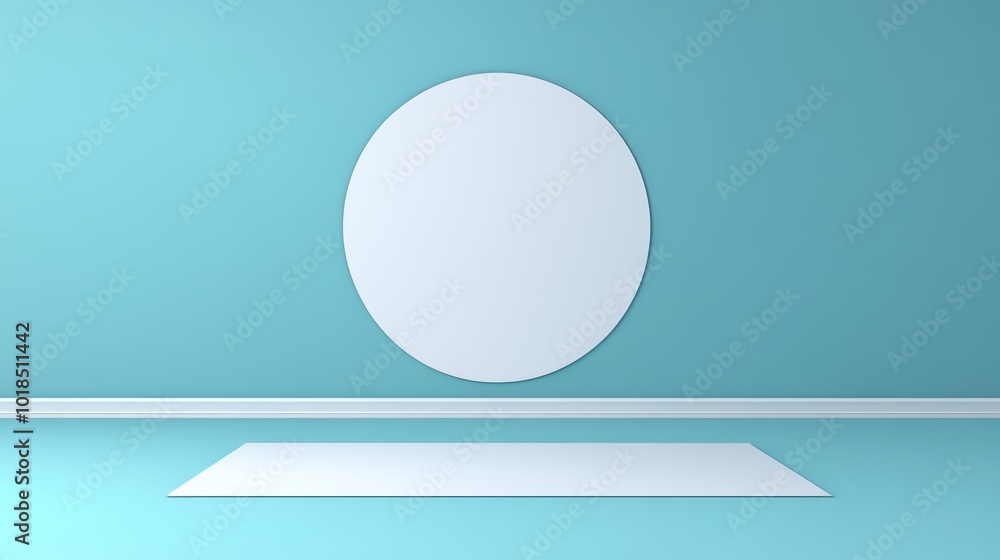 Minimalist yoga space with a round mirror and mat on a turquoise background. Minimalist yoga space with a round mirror and mat on a turquoise background.