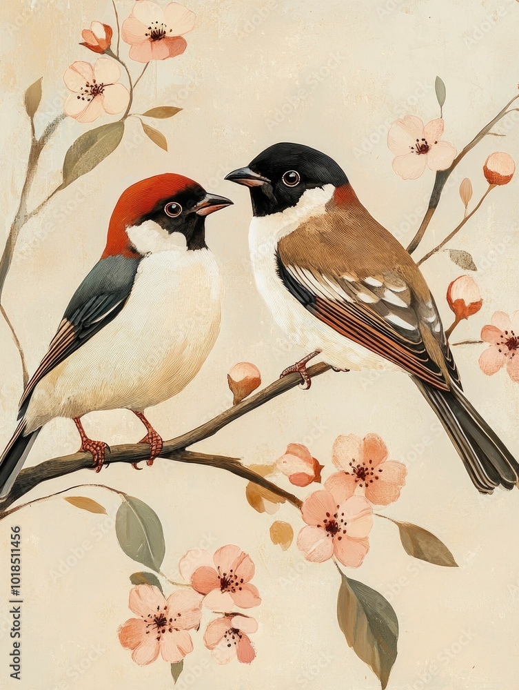 Fototapeta premium Elegant depicting a pair of birds perched gracefully on a flowering branch showcasing a serene and detailed natural scene in muted earthy tones