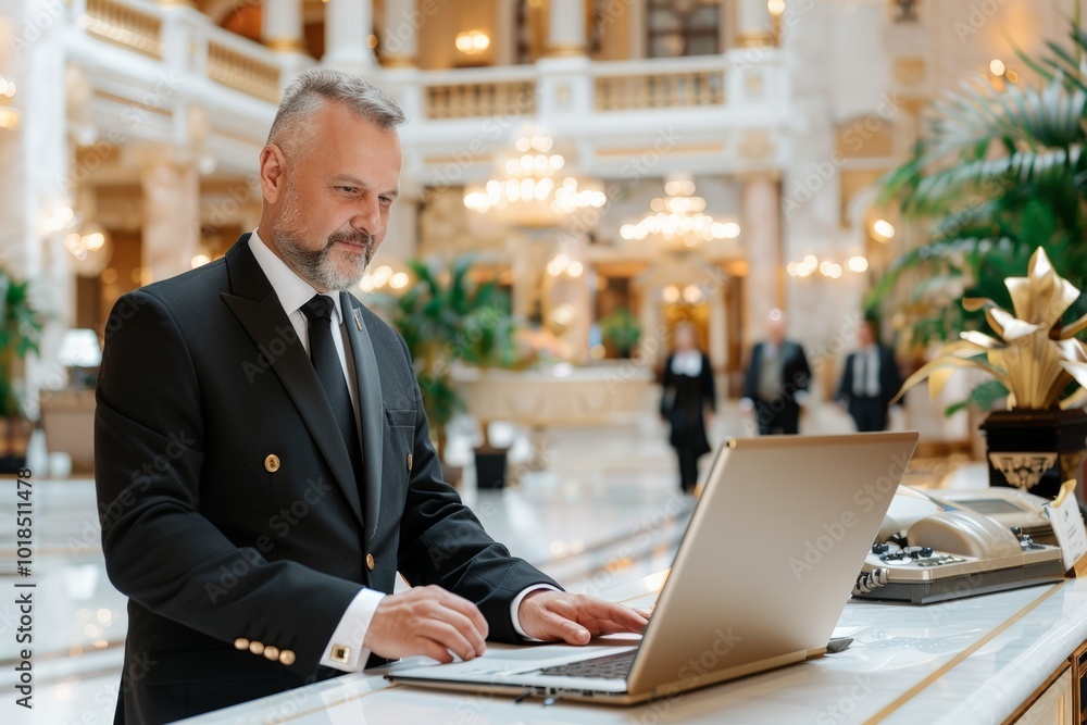 Hotel concierge working on a laptop in a luxurious setting, providing excellent customer service. Hotel concierge working on a laptop in a luxurious setting, providing excellent customer service.