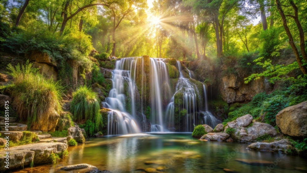 Fototapeta premium Natural waterfall in Madrid forest with sunlight filtering through vegetation and rocks, waterfall, Cascada del Hervidero