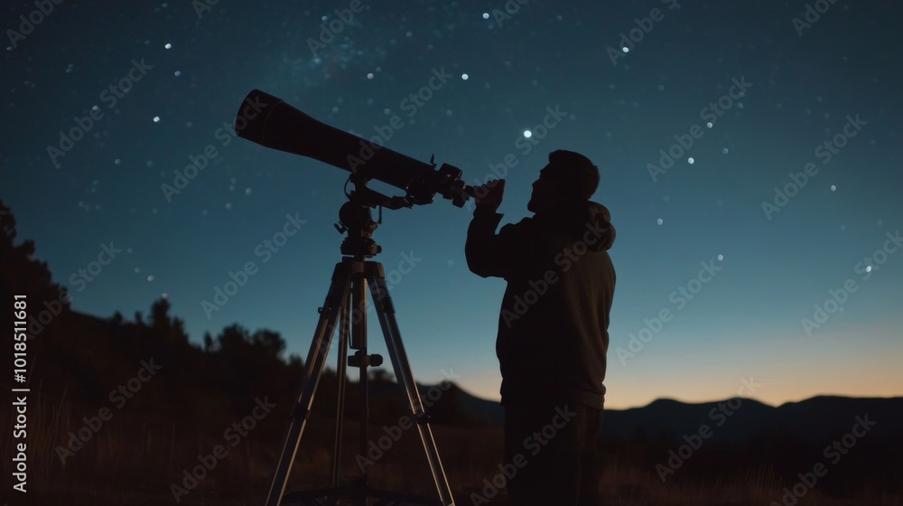 Silhouette of a Person Using a Telescope to View the Stars Silhouette of a Person Using a Telescope to View the Stars