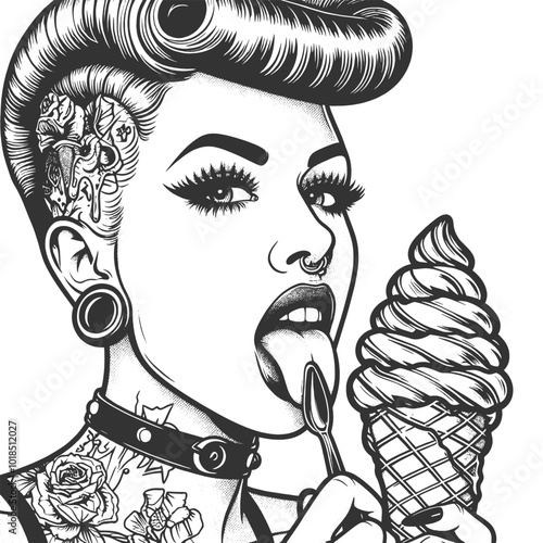 tattooed woman licking soft-serve ice cream cone, bold tattoos, piercings, and vintage hairdo sketch engraving generative ai vector illustration. Scratch board imitation. Black and white image.