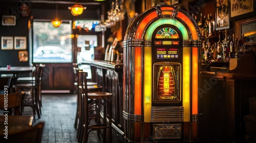 A vibrant jukebox in a cozy bar, capturing the essence of nostalgia and lively atmosphere with colorful lights. photo