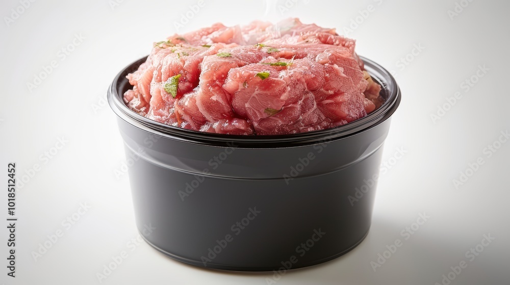 Raw minced meat in a black container, isolated on a white background. Raw minced meat in a black container, isolated on a white background.