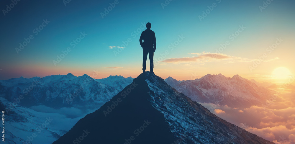 Man on Mountain Peak at Sunset as Symbol of Victory and Success Man on Mountain Peak at Sunset as Symbol of Victory and Success