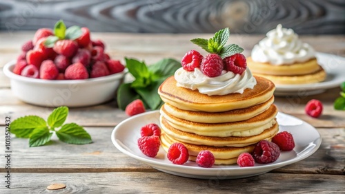 Pancakes topped with fresh raspberries and whipped cream on a white plate , breakfast, food, pancakes, raspberries, cream