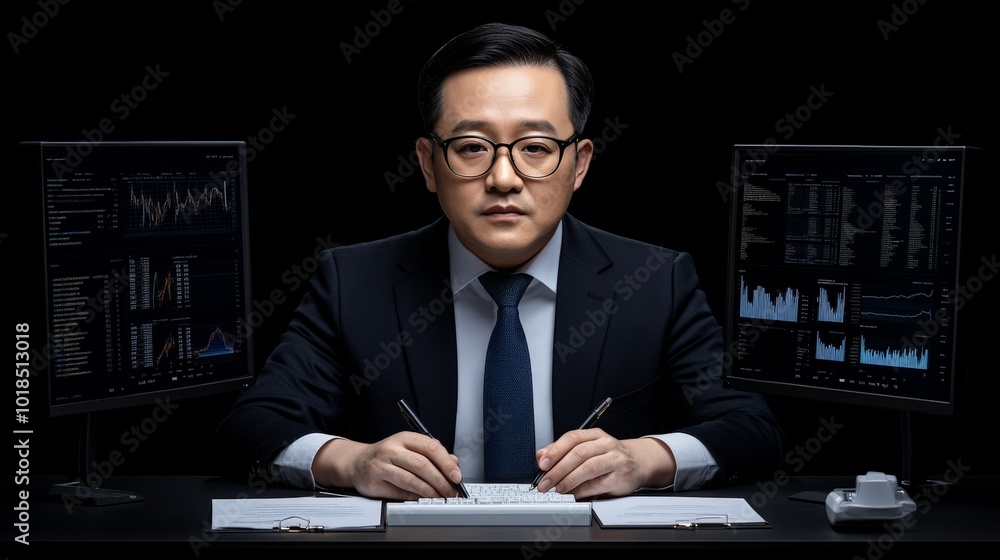 Confident Businessman Analyzing Data: A portrait of a focused businessman, wearing glasses, in a dark setting. His hands are poised over documents. Confident Businessman Analyzing Data: A portrait of a focused businessman, wearing glasses, in a dark setting. His hands are poised over documents.