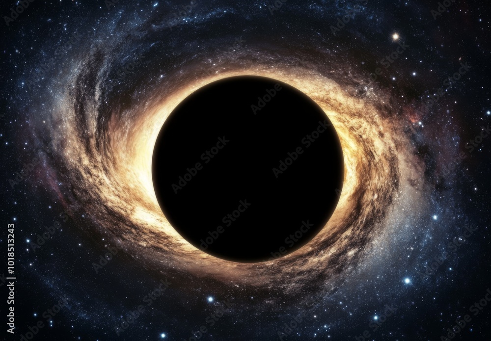 Massive black hole at the center of a swirling galaxy, stars and cosmic debris being pulled into its gravitational abyss, symbolizing destruction and the end of worlds. Massive black hole at the center of a swirling galaxy, stars and cosmic debris being pulled into its gravitational abyss, symbolizing destruction and the end of worlds.