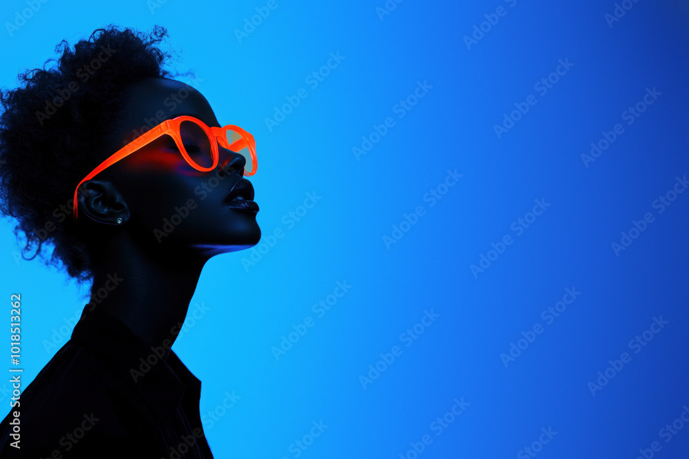 Bold neon eyewear silhouette in vibrant blue lighting Bold neon eyewear silhouette in vibrant blue lighting