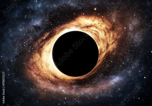 Massive black hole at the center of a swirling galaxy, stars and cosmic debris being pulled into its gravitational abyss, symbolizing destruction and the end of worlds. 