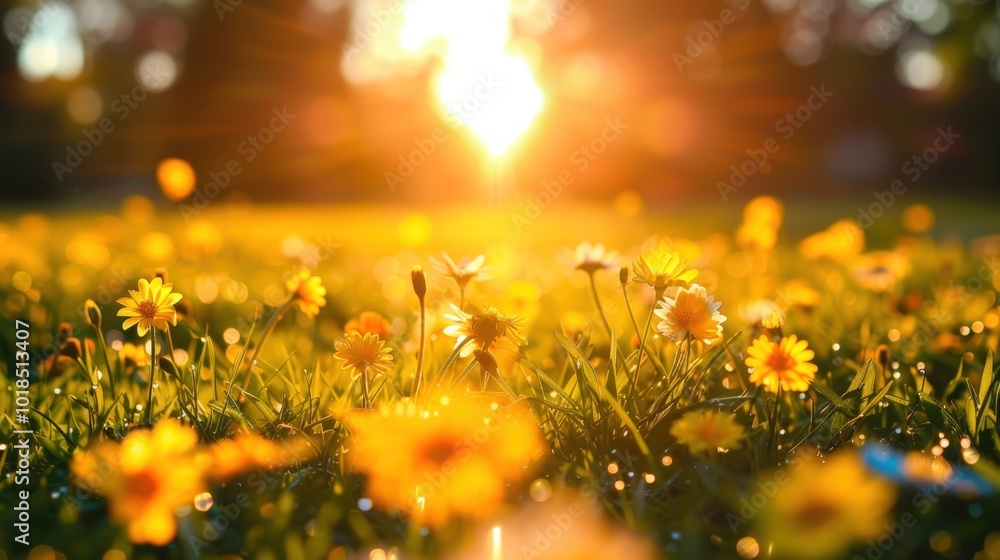 Fototapeta premium Golden Sunset Field of Wildflowers