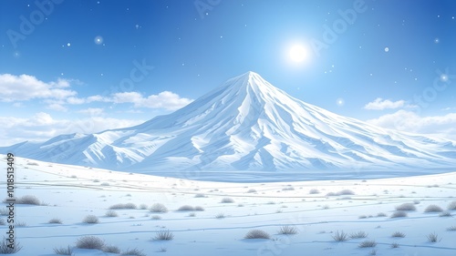 anime style, Snowy Mountain with Clear Sky Winter Background