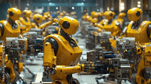 A vibrant scene of yellow robots working collaboratively in a modern factory, showcasing the future of automation and technology.