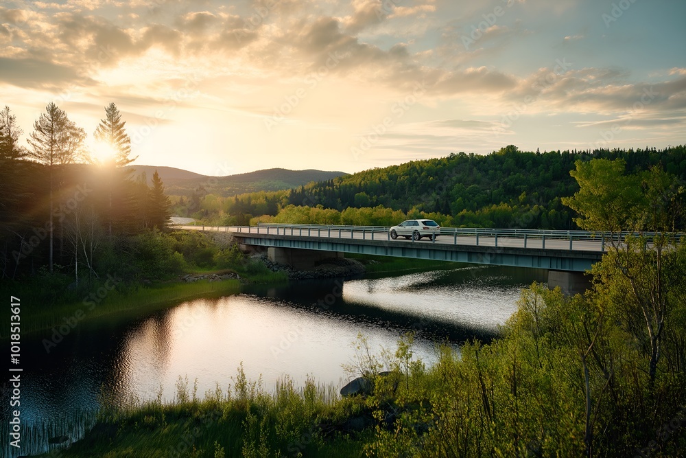Obraz premium Highway Bridge Over Green Forest Landscape at Sundown, Profile View of a Car on Bridge, Landscape Photography, High End, Advertising Campaign