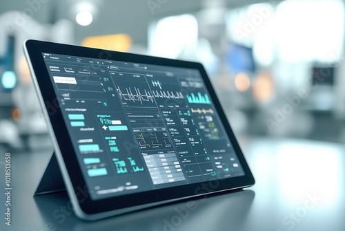 Close-up of logistics software on a tablet, tracking medical supply deliveries, photorealistic healthcare system