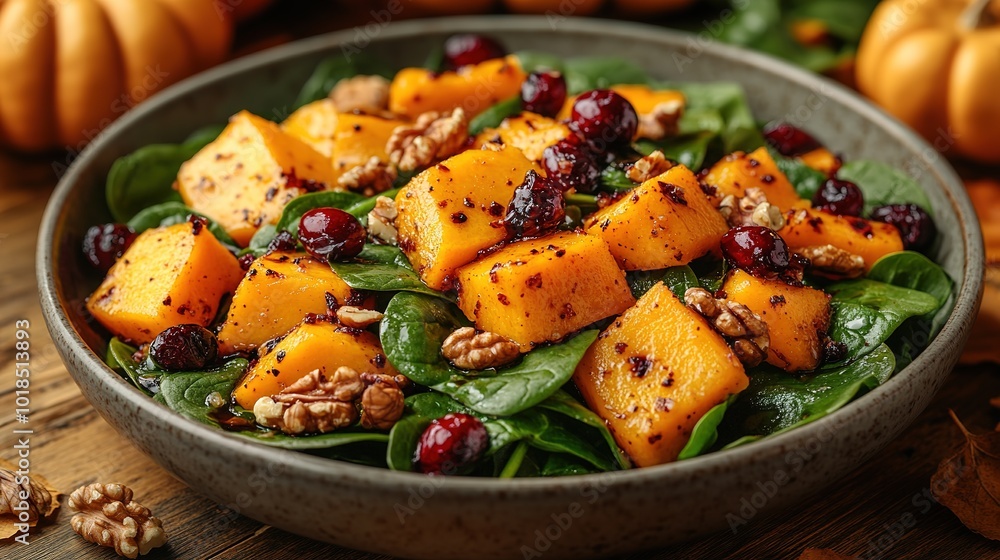 Roasted pumpkin salad with spinach and walnut on a black plate on a old wooden background. Top view Roasted pumpkin salad with spinach and walnut on a black plate on a old wooden background. Top view