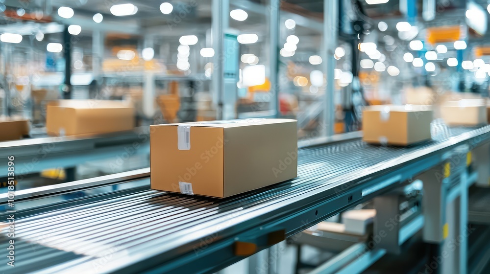 A view of brown cardboard boxes moving along a conveyor belt in a modern warehouse setting, showcasing efficient logistics operations. A view of brown cardboard boxes moving along a conveyor belt in a modern warehouse setting, showcasing efficient logistics operations.