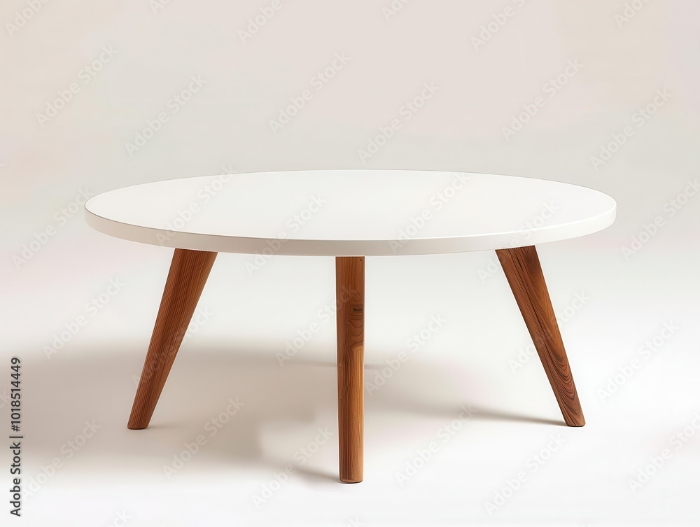 scandinavian-inspired circular coffee table with sleek white top and three angled wooden legs, set against a pure white backdrop. minimalist design emphasizes clean lines and natural materials. scandinavian-inspired circular coffee table with sleek white top and three angled wooden legs, set against a pure white backdrop. minimalist design emphasizes clean lines and natural materials.