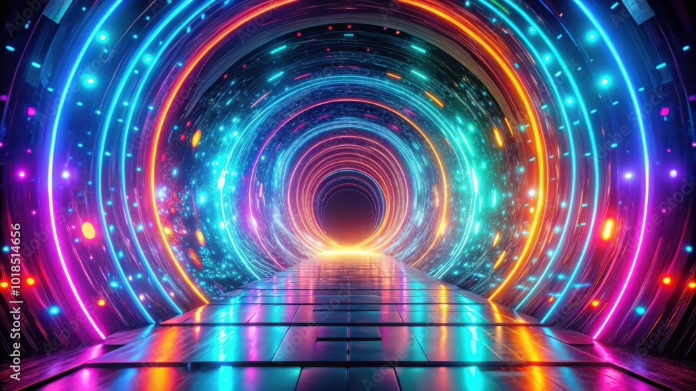 A Futuristic Tunnel of Neon Lights and Sparkling Particles with a Reflective Floor A Futuristic Tunnel of Neon Lights and Sparkling Particles with a Reflective Floor