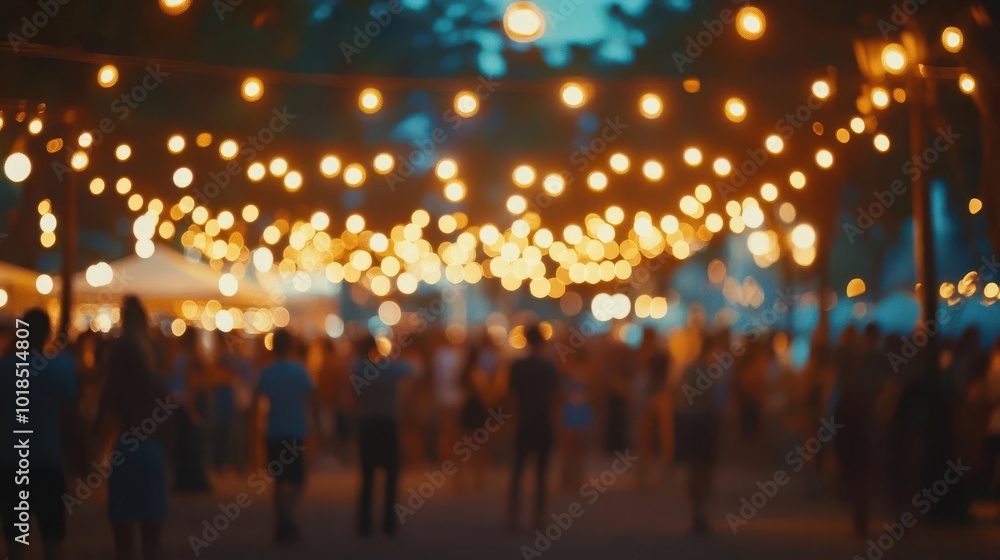 outdoor party scene with warm lamp garlands glowing against a twilight backdrop, numerous blurred silhouettes of people enjoying the festivities create a lively atmosphere outdoor party scene with warm lamp garlands glowing against a twilight backdrop, numerous blurred silhouettes of people enjoying the festivities create a lively atmosphere
