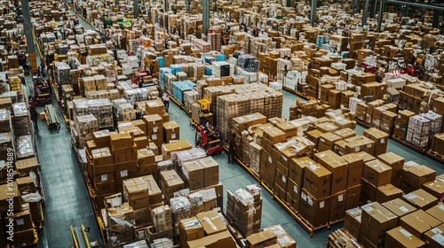 Aerial view of a large warehouse filled with stacked boxes and packages, showcasing organized logistics and inventory management.