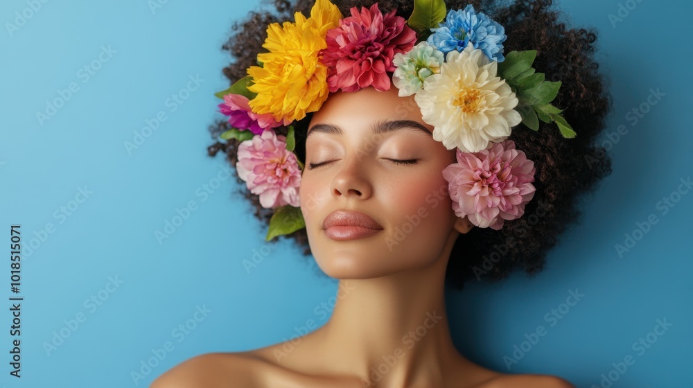 A calm, contemplative woman with colorful flowers intertwined in her hair, symbolizing growth, mindfulness, and mental clarity. A calm, contemplative woman with colorful flowers intertwined in her hair, symbolizing growth, mindfulness, and mental clarity.