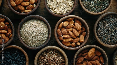 Aerial view of various nuts and seeds in wooden bowls. Perfect for healthy eating, cooking, or nutrition themes.