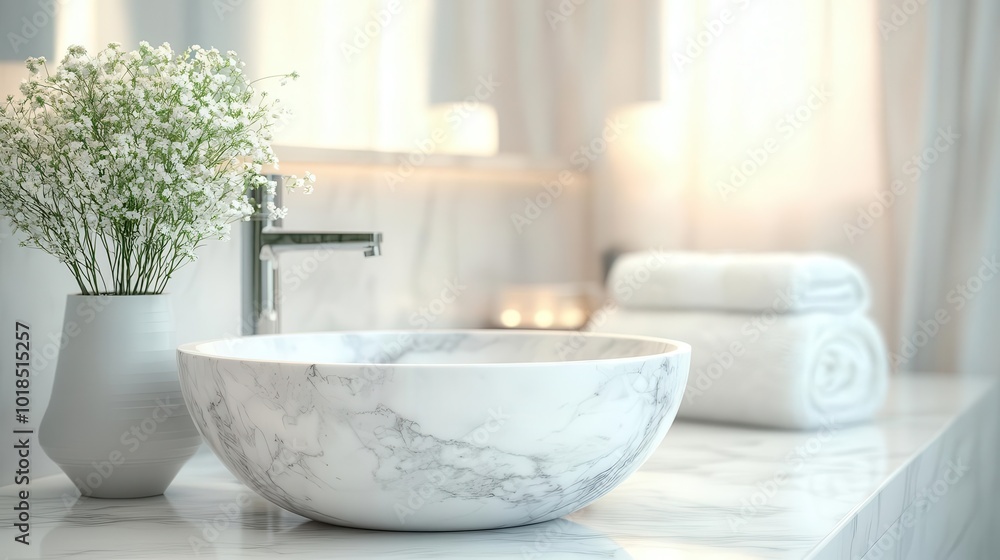 Fototapeta premium pristine white bathroom showcasing a luxurious marble table top, perfectly poised for product display, with a softly blurred background enhancing elegance