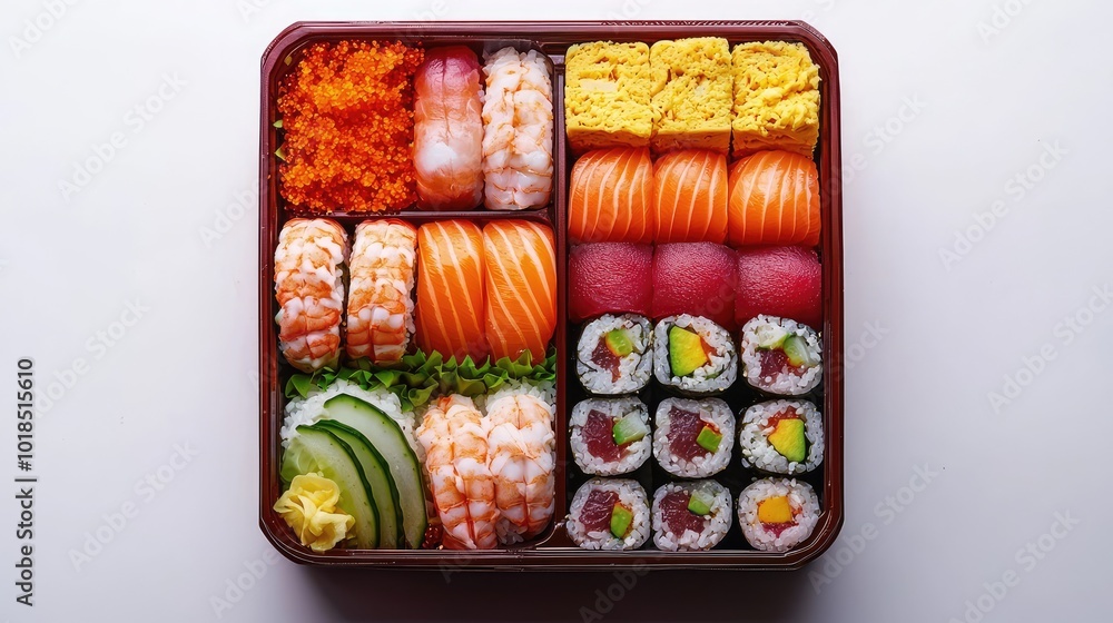An elegant sushi box showcasing a variety of colorful sushi, nigiri, and rolls, perfect for food lovers and culinary enthusiasts. An elegant sushi box showcasing a variety of colorful sushi, nigiri, and rolls, perfect for food lovers and culinary enthusiasts.