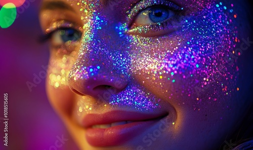 Close-up of a woman's face covered in iridescent glitter.