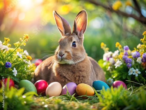 A sultry rabbit reclines in a verdant meadow, surrounded by flowers and spring foliage, her gaze tantalizing as vibrant eggs nestle at her feet.