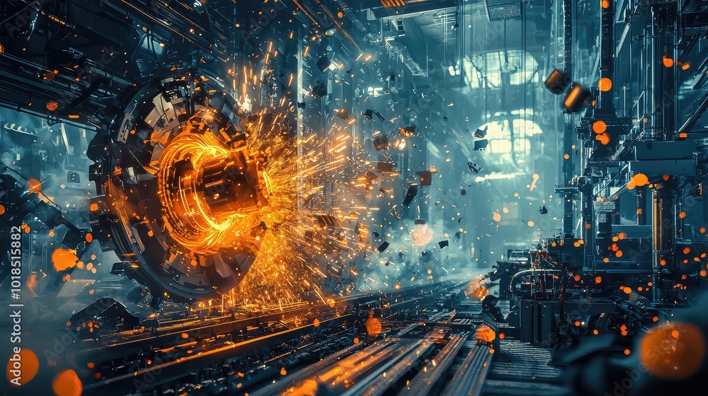 An explosive scene depicting vibrant energy and technology in a futuristic industrial setting, showcasing dynamic movement and detail. An explosive scene depicting vibrant energy and technology in a futuristic industrial setting, showcasing dynamic movement and detail.