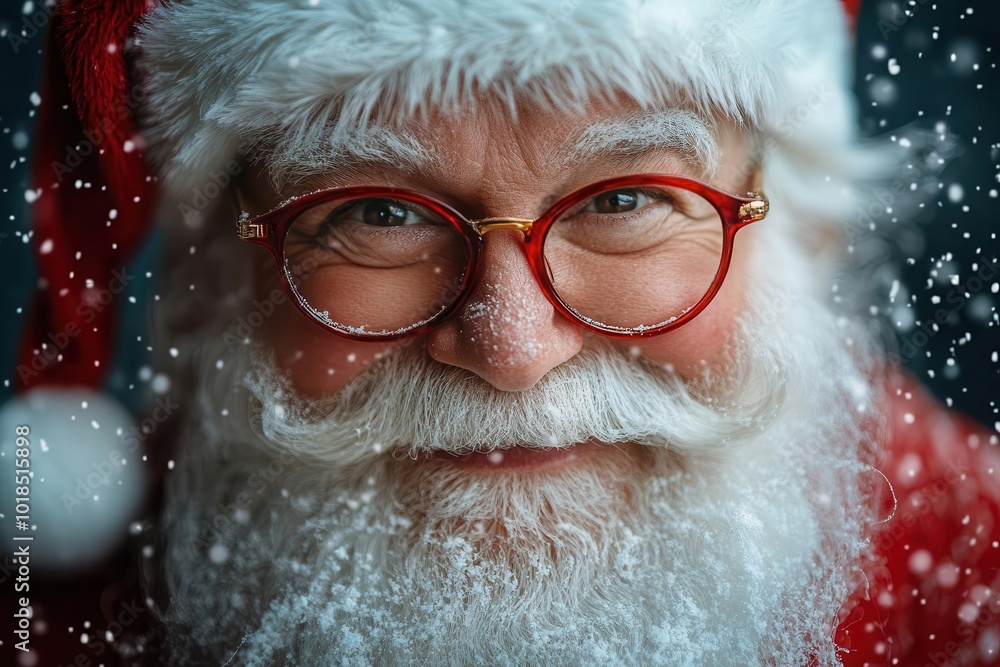 jolly santa claus with twinkling eyes behind red glasses rosy cheeks warm smile white beard classic red suit jolly santa claus with twinkling eyes behind red glasses rosy cheeks warm smile white beard classic red suit