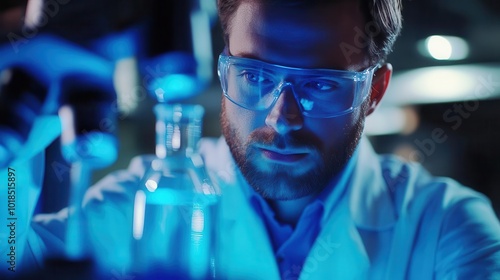 scientist in a high-tech laboratory analyzing a vivid blue substance in a beaker, representing dedication to medical research and pharmaceutical innovation in the healthcare field