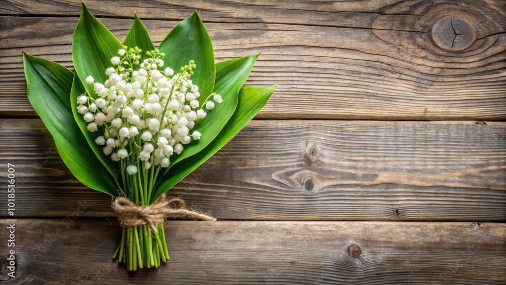 Fresh lily of the valley bouquet and leaves on rustic wooden background, spring, flowers, floral, delicate, fragrant, nature Fresh lily of the valley bouquet and leaves on rustic wooden background, spring, flowers, floral, delicate, fragrant, nature
