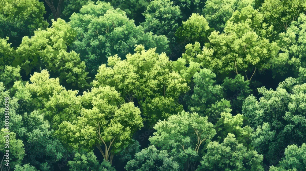 Naklejka premium seamless pattern of a lush forest, dense canopy of trees in various shades of green, evoking tranquility and the beauty of nature in a harmonious design