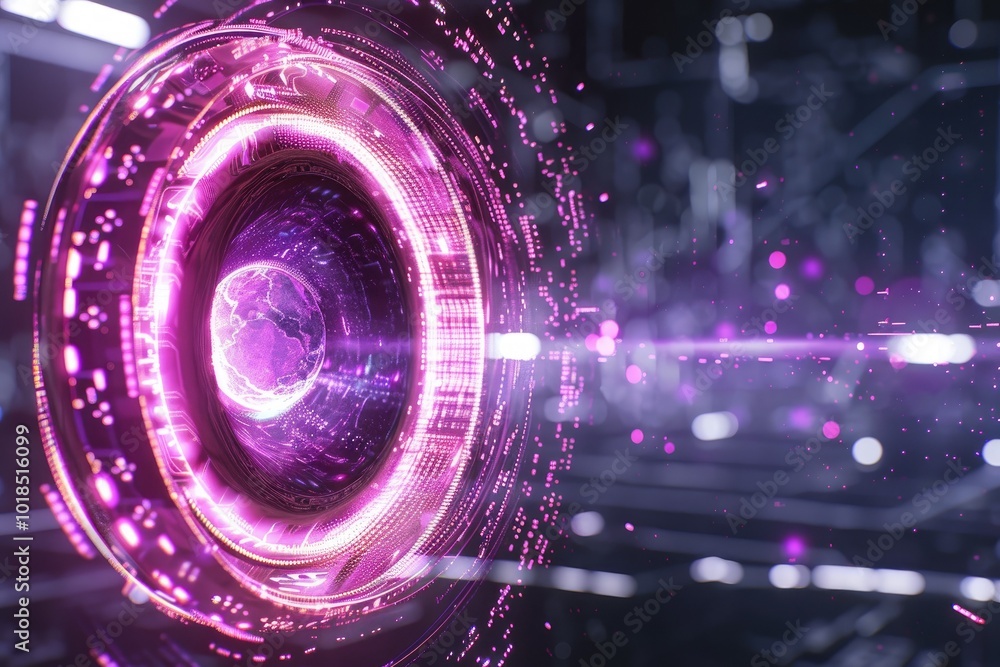 Obraz premium A vibrant digital design featuring glowing purple elements and intricate patterns, perfect for futuristic themes and technology projects.