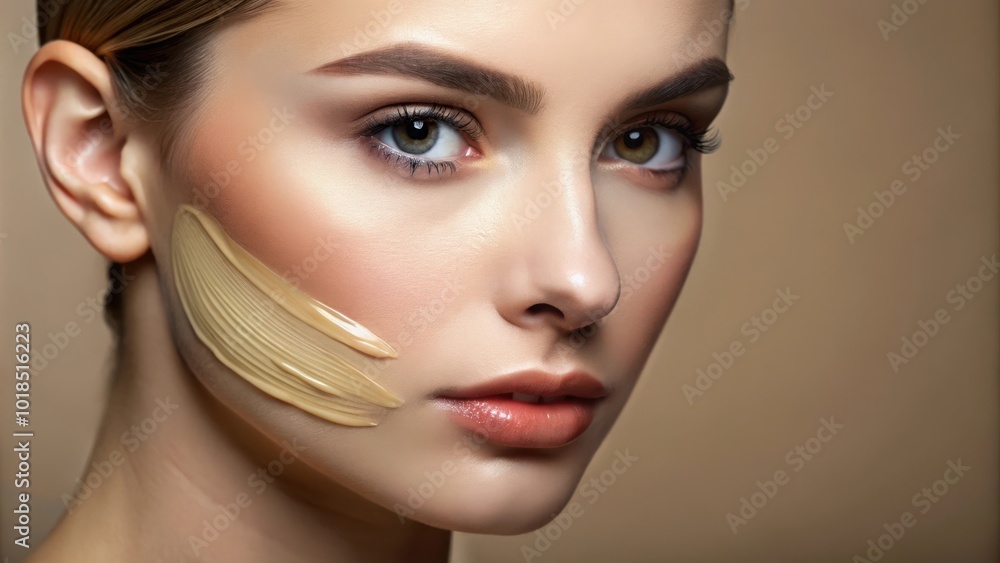 Fototapeta premium Closeup of a Woman's Face with Foundation Applied to Cheek