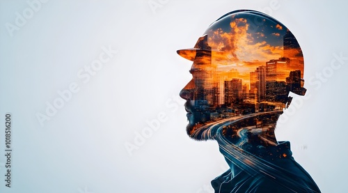 Engineer with cityscape overlay at sunset