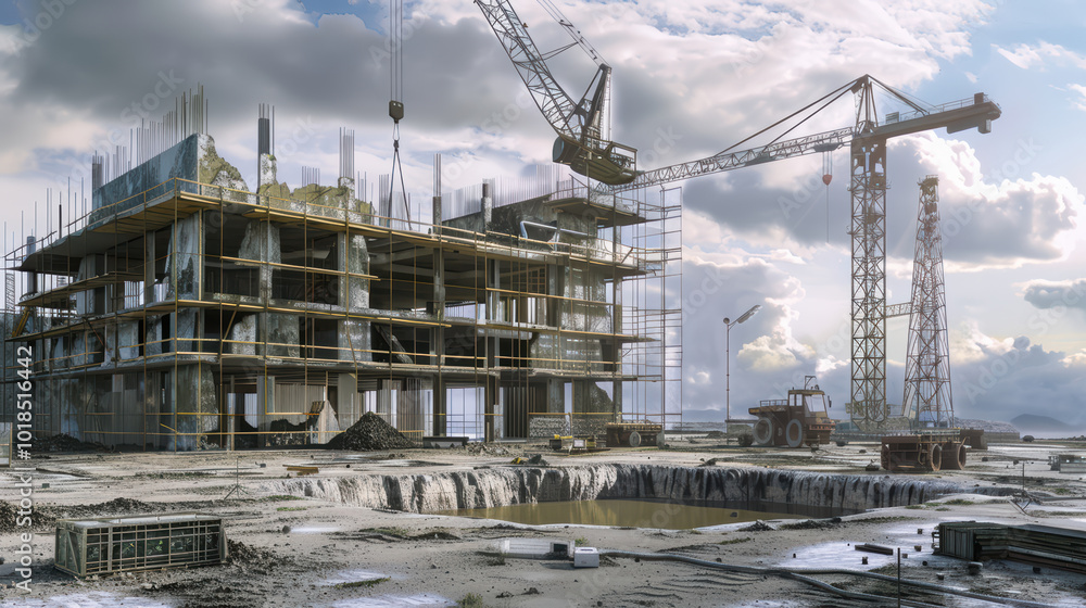 construction site featuring partially built structure with cranes and heavy machinery. scene captures essence of industrial development and progress under cloudy sky construction site featuring partially built structure with cranes and heavy machinery. scene captures essence of industrial development and progress under cloudy sky